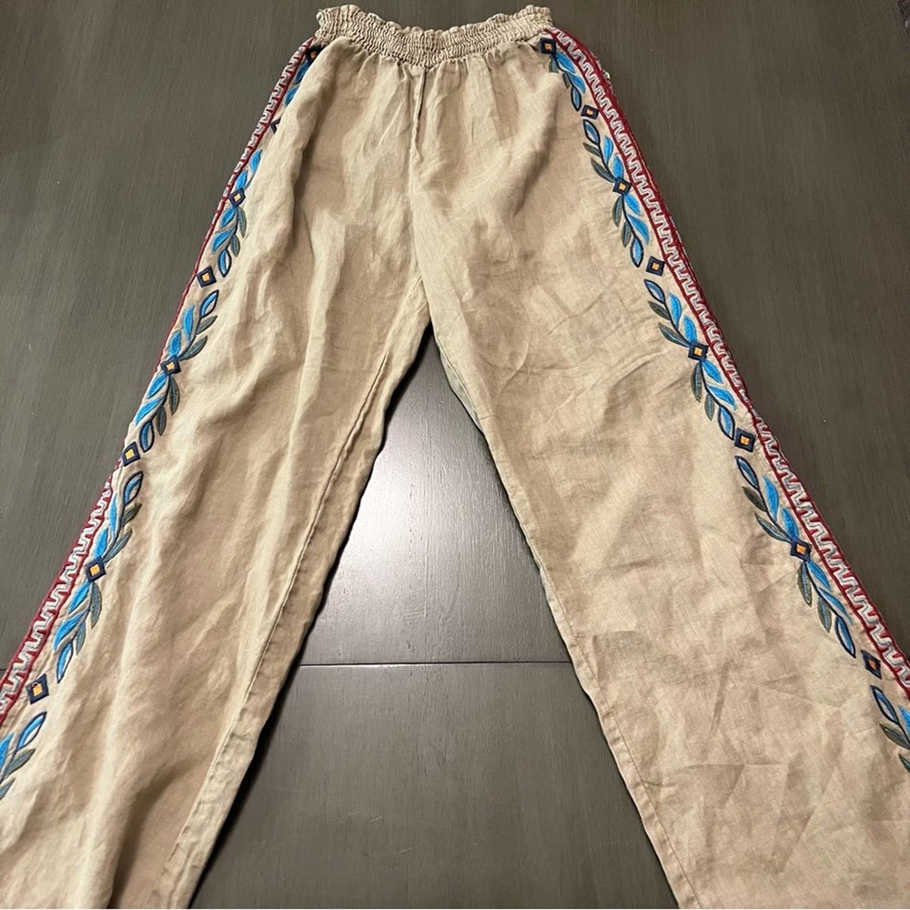 Johnny Was Embroidered Wide Leg Linen Pants